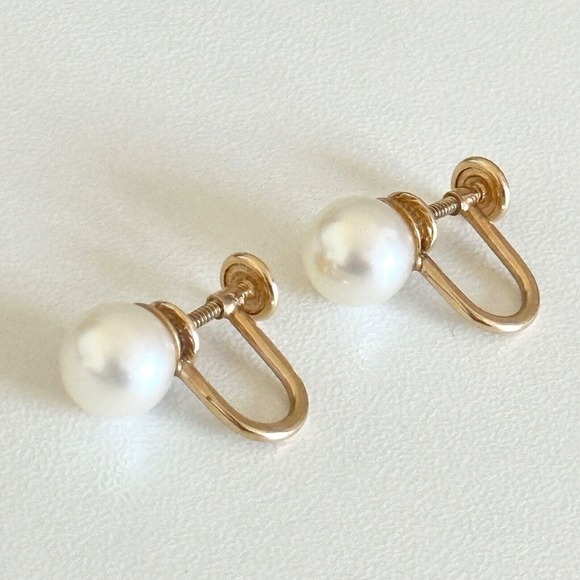 14K Solid Yellow Gold Genuine 7.5MM Pearl Vintage Screw Back Ladies Earrings - Picture 1 of 9